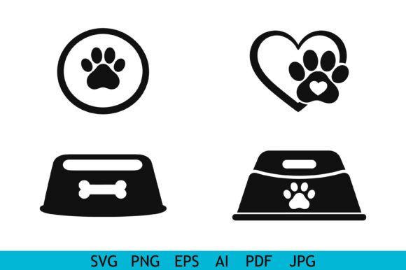 Pet Paw Bowl Icon Vector Set